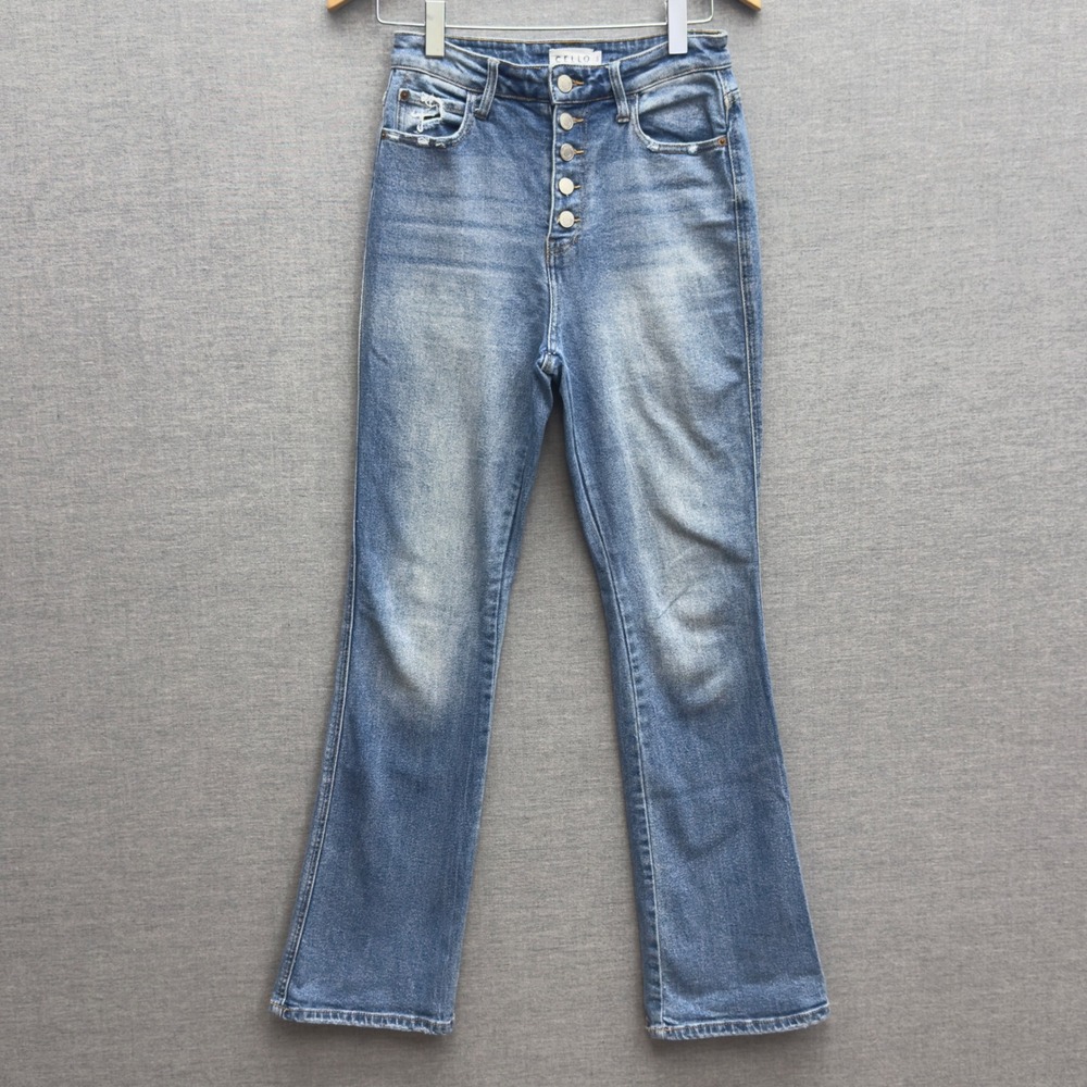 Cello Button Fly High Rise Flare Jeans Distressed Womens Size 5 (28x32)‎